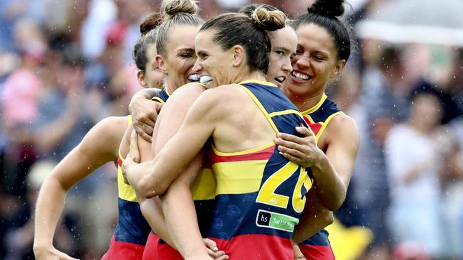 Chelsea Randall celebrate a goal with Sarah Perkins. Picture: Sarah Reed