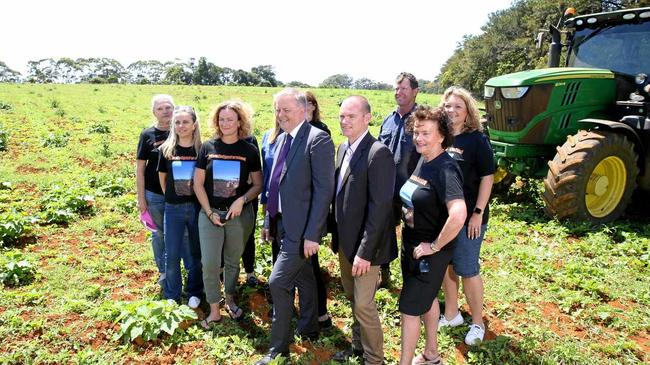 Anthony Albanese and the State Labor Candidate for Tweed, Craig Elliot, join Cudgen farmers James and Hayley Paddon in Cudgen to discuss the Nationals' plan to impose a new hospital on the community at Cudgen. Picture: Scott Powick