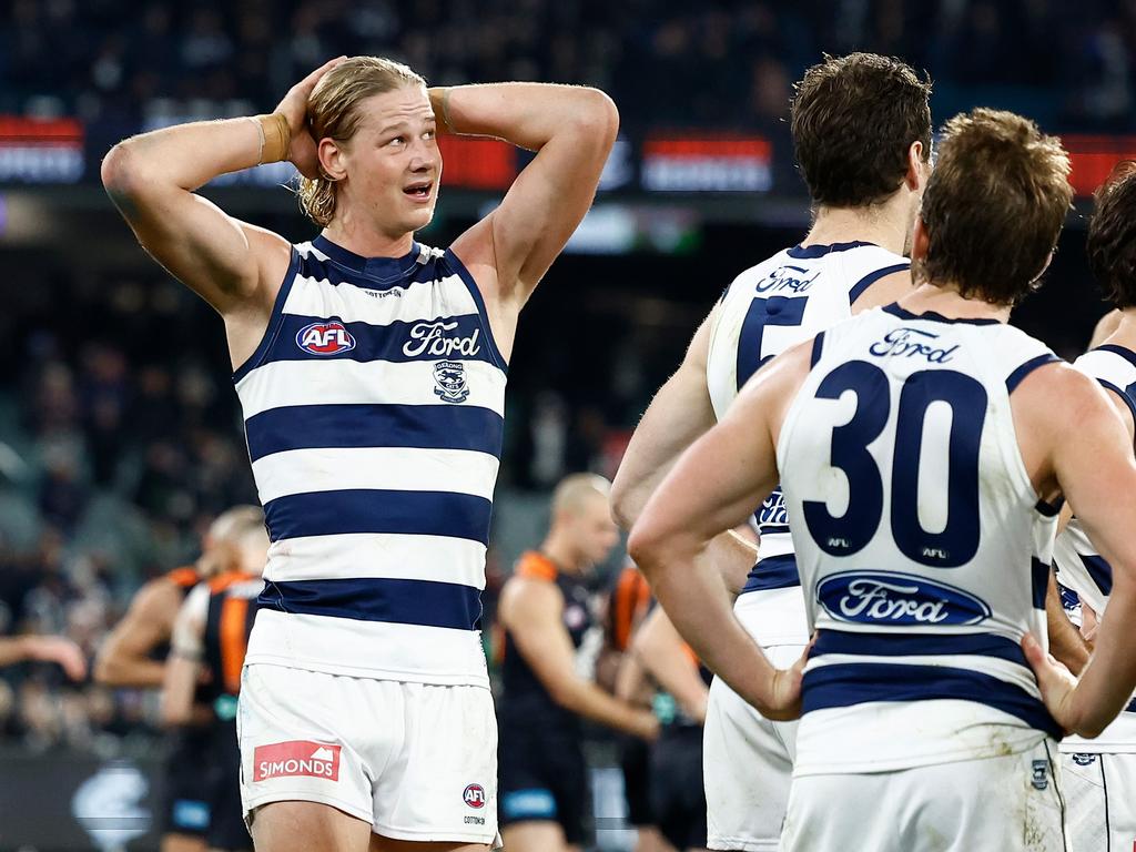 Sam De Koning and his Geelong teammates after their heavy loss to Carlton. Picture: Michael Willson/AFL Photos via Getty Images