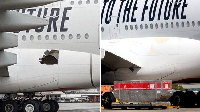 The plane arrived in Brisbane with a gaping hole Saturday night that appeared fixed by Sunday afternoon.