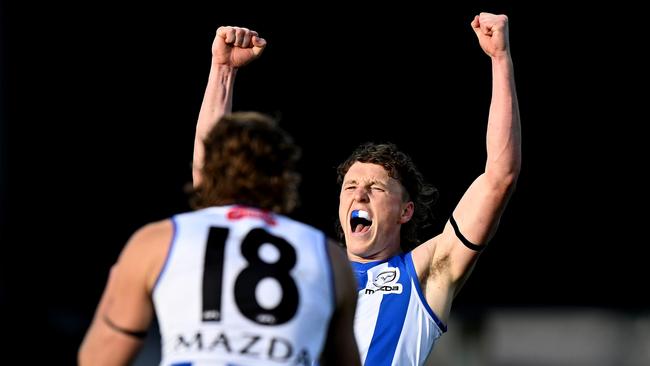 Nick Larkey after kicking one of his nine goals against the Suns. Picture: Steve Bell/Getty Images