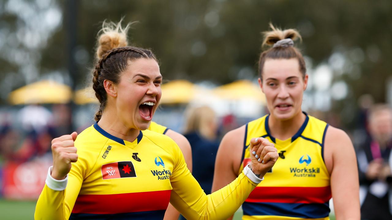 MELBOURNE, AUSTRALIA - OCTOBER 07: Anne Hatchard of the Crows celebrates during the 2023 AFLW Round 06 match between the Melbourne Demons and the Adelaide Crows at Casey Fields on October 07, 2023 in Melbourne, Australia. (Photo by Dylan Burns/AFL Photos via Getty Images)