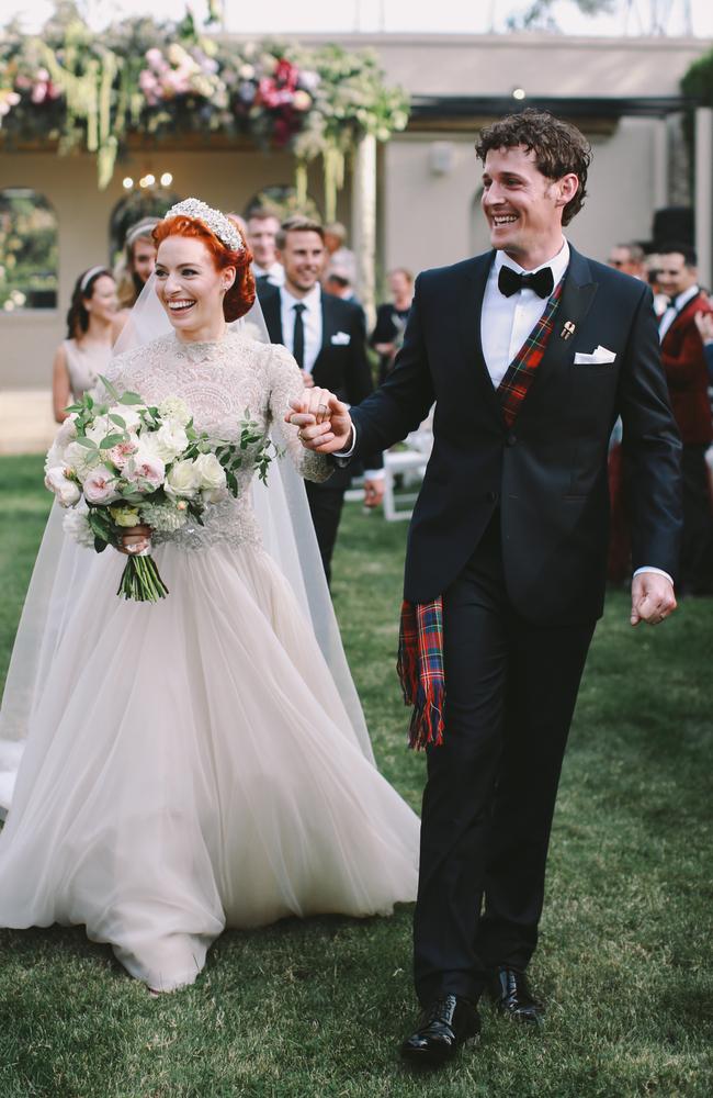 Wiggles Emma Watkins and Lachlan Gillespie have dumped the skivvies and tied the knot in a royal-inspired wedding south of Sydney.  Picture: Lara Hotz