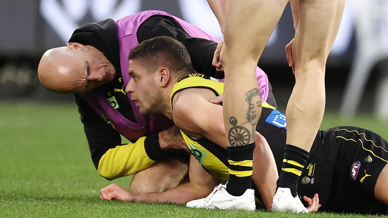 Dion Prestia after the the bump. Picture: Michael Klein