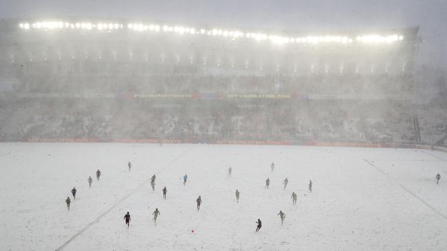 Heavy snow blankets America First Field in Sandy, Utah, as Los Angeles Football Club faces Real Salt Lake. Picture: Chris Gardner/Getty Images