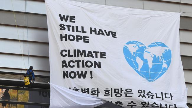 Greenpeace activists at the Intergovernmental Panel for Climate Change in South Korea in 2018. Picture: AFP