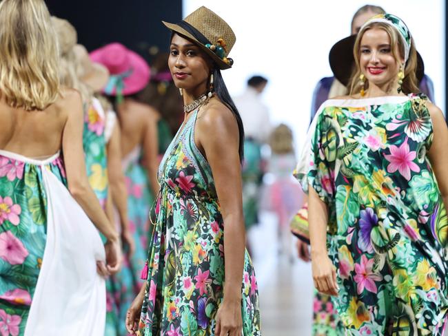 Model Marjorie Dorante-Wymarra wears a design by Dijo Life on the final night's runway show at Cairns Fashion Week, held at the Screen Queensland studios. Picture: Brendan Radke