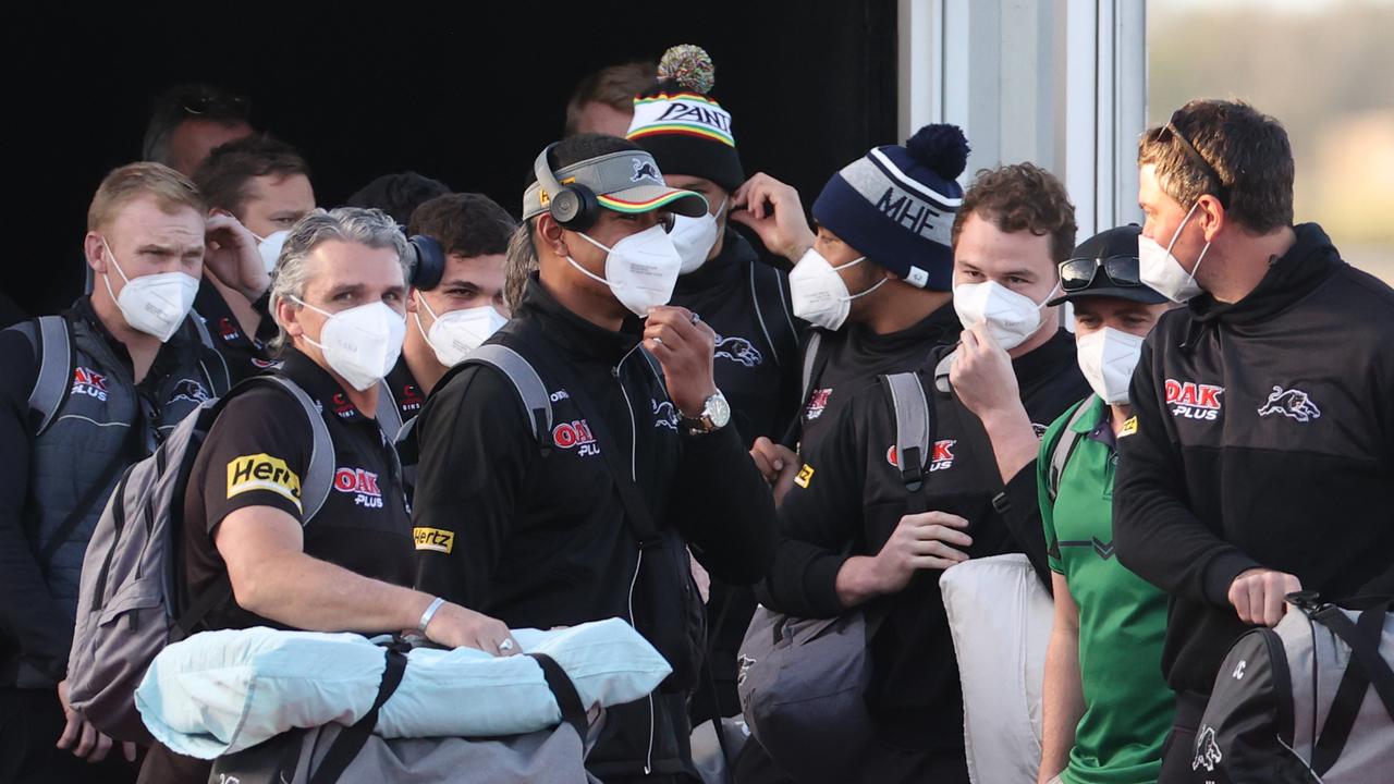 Ivan Cleary and Penrith Panthers players touch down on the Sunshine Coast as they set up in Queensland hubs after a large Covid outbreak in Sydney. Picture Lachie Millard