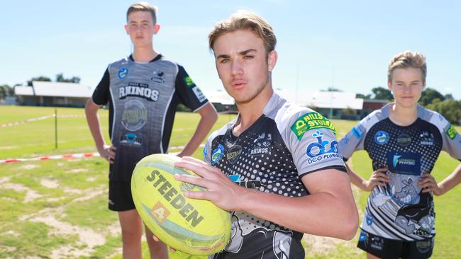 Rouse Hill Rhinos rugby league players Lachlan Smethurst, Bayley Jake Meredith and Bailey Lewis. (AAP IMAGE / Angelo Velardo)