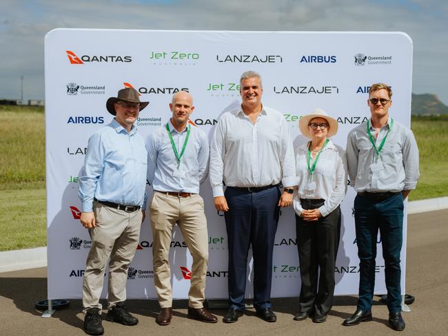 Airbus chief Australia representative Stephen Forshaw, LanzaJet Asia Pacific project development Flyn van Ewijk, Jet Zero Australia chief executive Ed Mason, Michele Bauer from the Queensland Government and Johnathon Curry from Qantas.