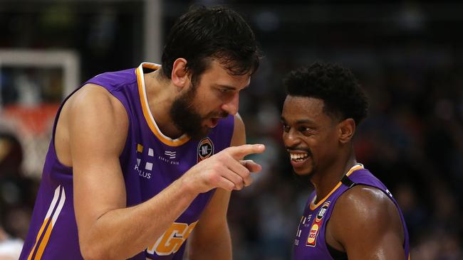 SYDNEY, AUSTRALIA - MARCH 05: Andrew Bogut of the Kings speaks to Casper Ware of the Kings during game three of the NBL Semi Final Series between the Sydney Kings and Melbourne United at Qudos Bank Arena on March 05, 2020 in Sydney, Australia. (Photo by Jason McCawley/Getty Images)