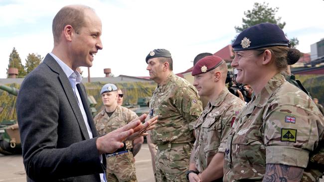 Prince William meets members of the British military during a visit to the 3rd Brigade Territorial Defence Force base in Poland. Picture: Getty Images.