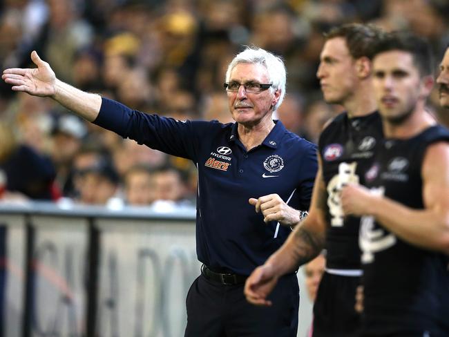 Malthouse gives instruction during the Round 13 loss to Hawthorn. Picture: Wayne Ludbey