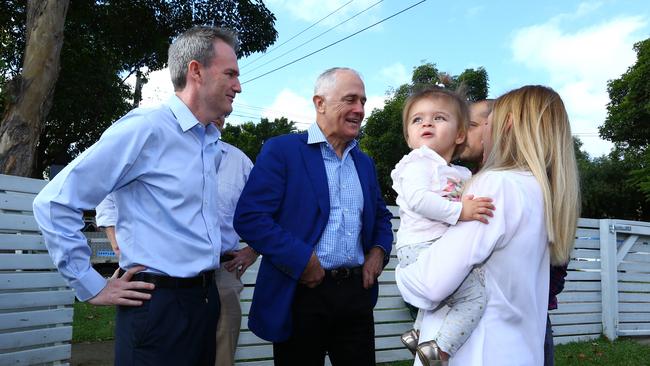 Malcolm Turnbull was criticised as “out of touch” after this photo opp on the campaign trail, with a local family who bought a negatively-geared property house for their toddler. Picture: Britta Campion