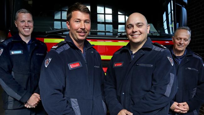 The four heroic firefighters from Drummoyne station Bennett Gardiner (from left), Mitch Bennetts, Gonzalo Herrera and Mike Stuart. Picture: Toby Zerna