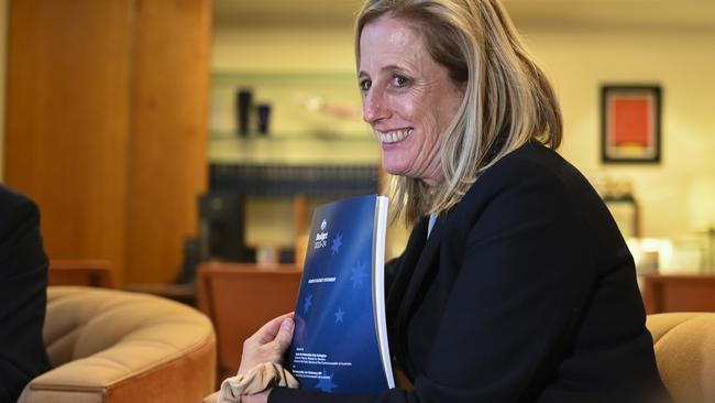 Finance Minister Katy Gallagher with the budget. Picture: NCA NewsWire / Martin Ollman