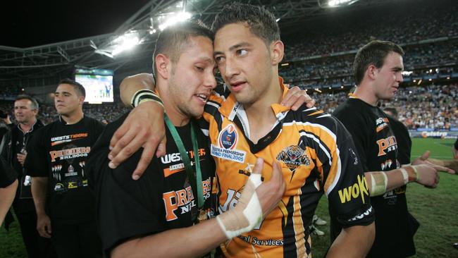 Scott Prince and Benji Marshall (R) celebrate victory in the 2005 grand final