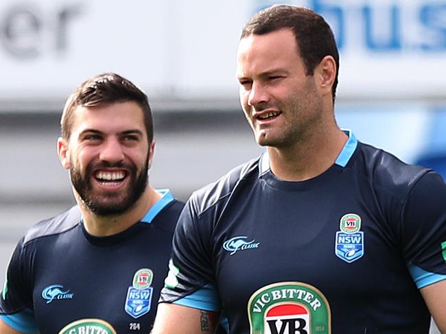 NSW's James Tedesco and Boyd Cordner during the NSW State of Origin team Captain's Run training session at Cbus Stadium, Robina. Picture: Brett Costello