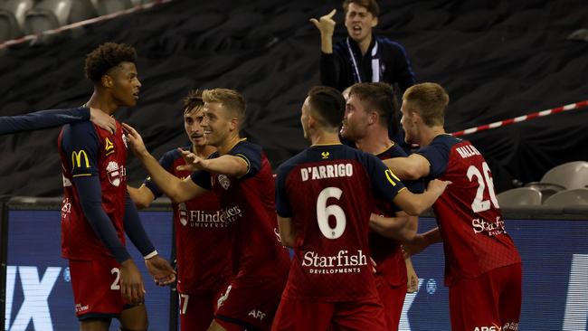 Kusini Yengi had nothing but support from his Adelaide United teammates in Melbourne (Photo by Jonathan DiMaggio/Getty Images)