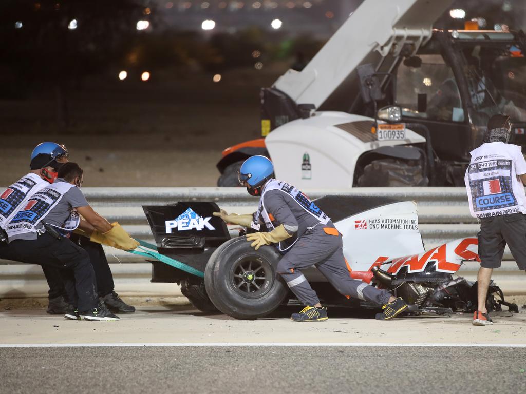 Grosjean’s car was split in half.
