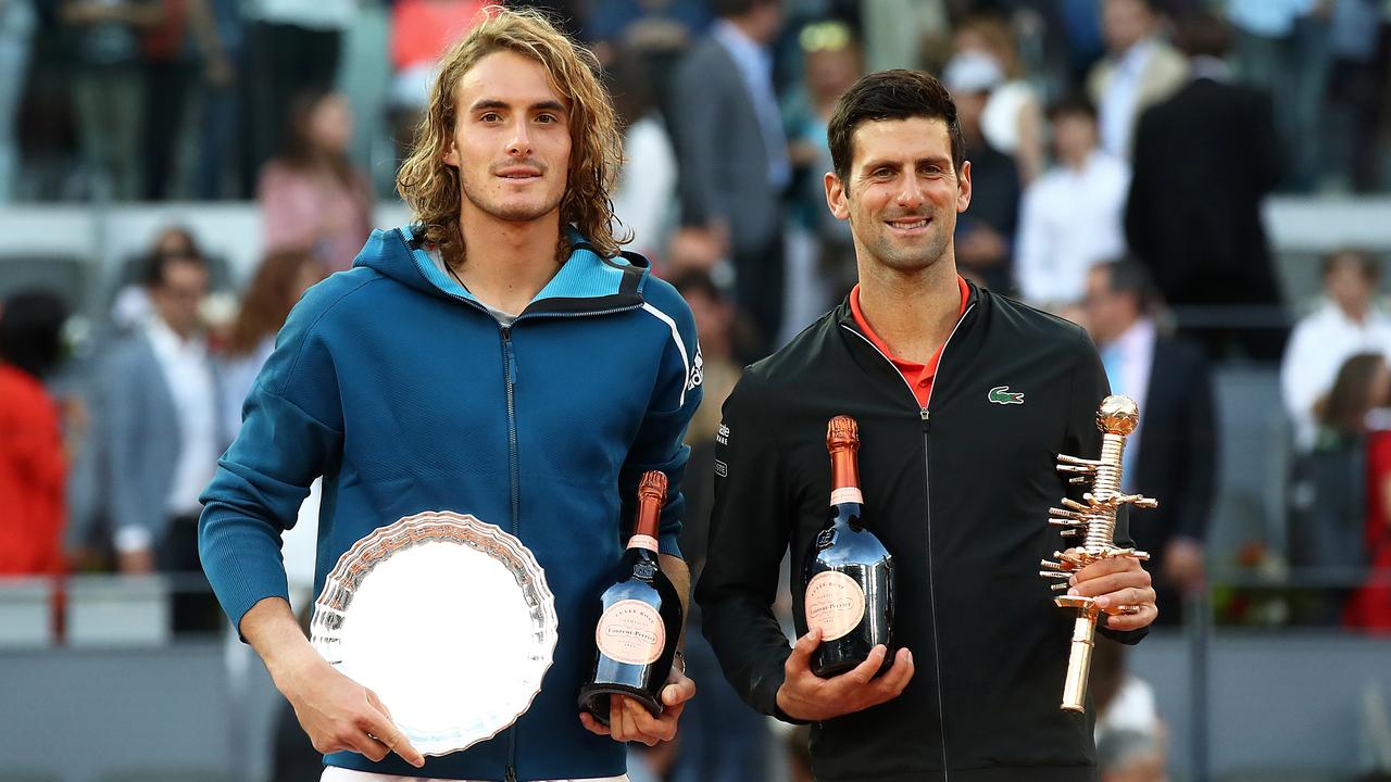 Stefanos Tsitsipas and Novak Djokovic after last year’s French Open. Picture: Getty Images