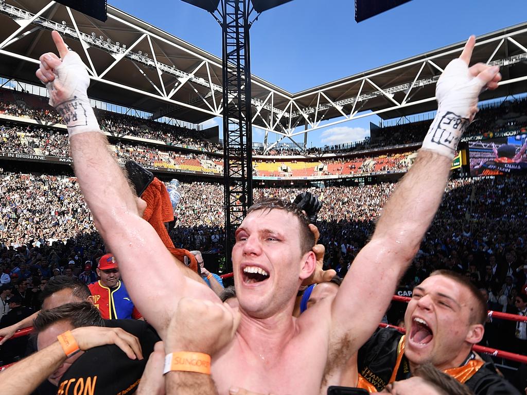 Jeff Horn celebrates victory after winning the WBO Welterweight Title Fight over Manny Pacquiao at Suncorp Stadium. Picture: Bradley Kanaris/Getty Images