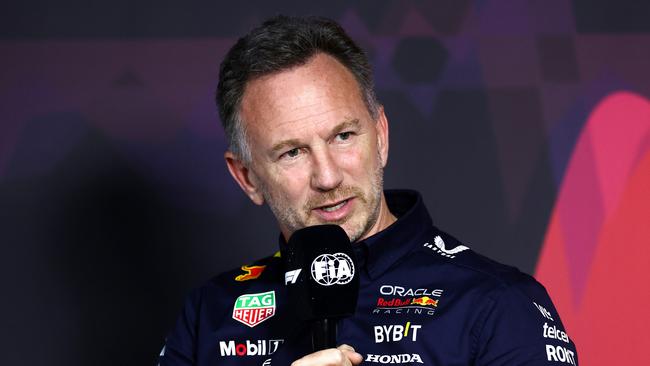 Christian Horner speaks to reporters. Picture: Getty Images.