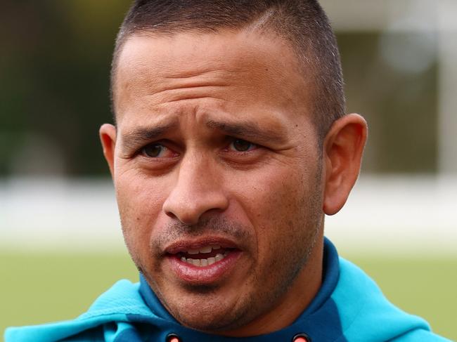 BRISBANE, AUSTRALIA - MAY 15: Usman Khawaja speaks to the media during a Cricket Australia media opportunity after the announcement of the 2023/24 International Season at Allan Border Field  on May 15, 2023 in Brisbane, Australia. (Photo by Chris Hyde/Getty Images)