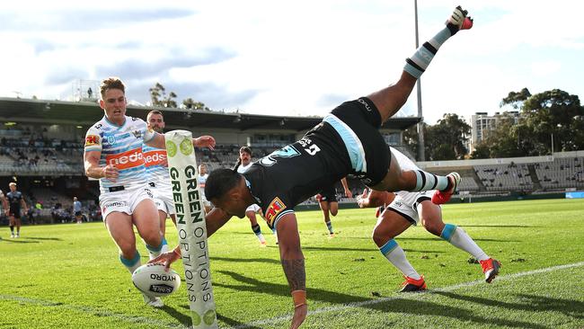 Cronulla's Sione Katoa attempts a diving try in the corner but can't quite get it down during the NRL match between the Cronulla Sharks and Gold Coast Titans at Kogarah oval. Picture. Phil Hillyard