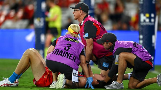 Ballard was taken from the ground on a stretcher. (Photo by Albert Perez/AFL Photos via Getty Images)