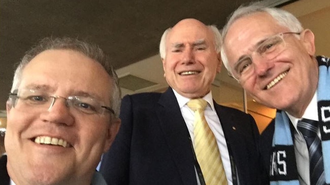 Scott Morrison with former prime ministers John Howard and Malcolm Turnbull. Source: Twitter