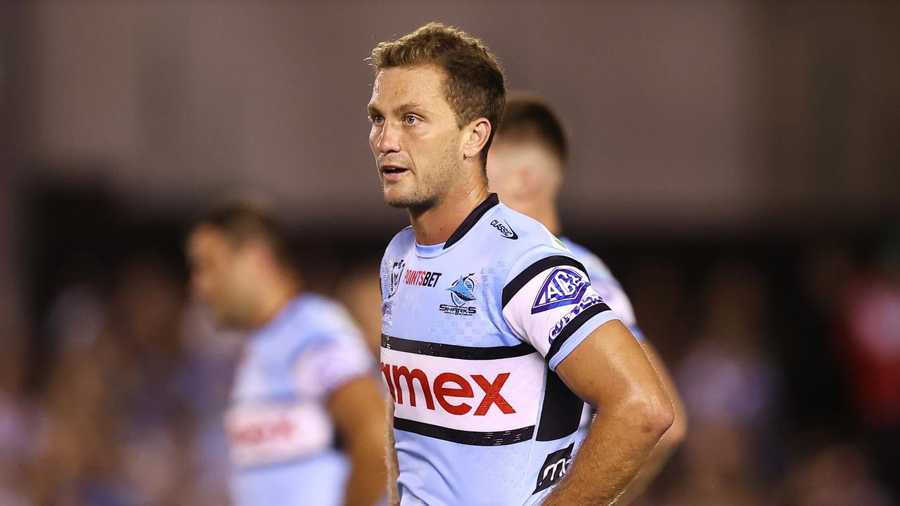 PENRITH, AUSTRALIA - MARCH 04: Matt Moylan of the Sharks looks dejected during the round one NRL match between Cronulla Sharks and South Sydney Rabbitohs at BlueBet Stadium on March 04, 2023 in Cronulla, Australia. (Photo by Mark Kolbe/Getty Images)