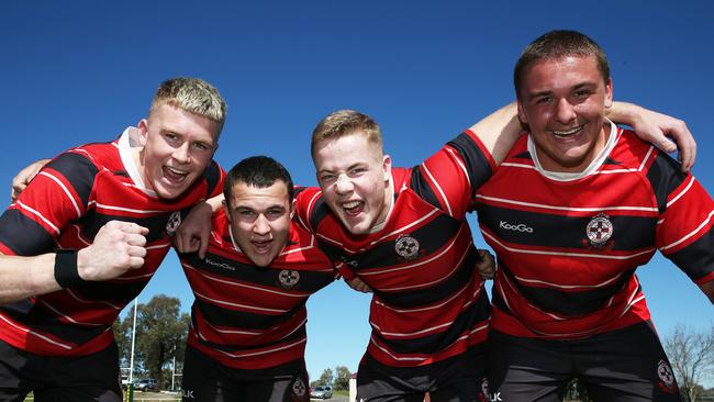 Edward's College player Tyler Moriarty, third from left, celebrating the win over Farrer in the last NR: Schoolboy Cup.