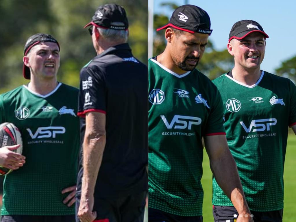 Lewis Dodd talks to Wayne Bennett (L) and with new halves partner Cody Walker (R). Picture: Instagram