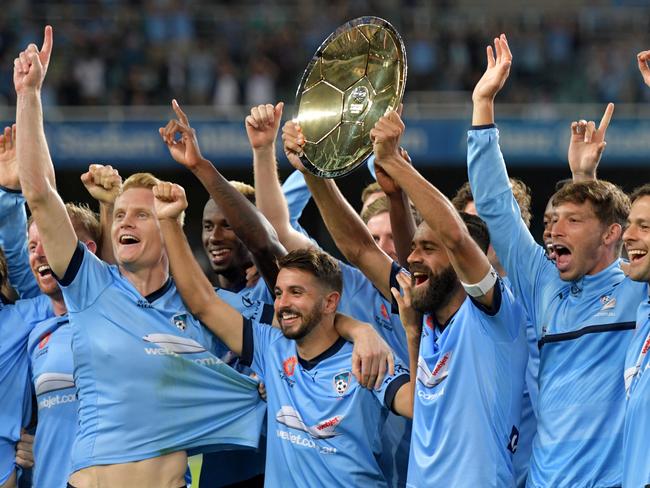 Sydney FC celebrate winning the Premiers Plate
