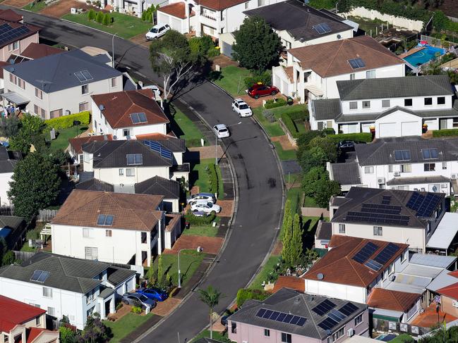 SYDNEY, AUSTRALIA - NewsWire Photos MARCH 24, 2021: An Aerial view of the Housing Market in the Western Sydney region where many homes have solar panels installed on the rooftops, Sydney Australia. Picture: NCA NewsWire / Gaye Gerard