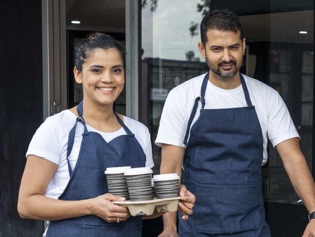 MACARTHUR CHRONICLE. The Neem Cafe in Campbelltown only opened this year but has been impacted by the virus. But it is adapting and marching forward. Cafe owners, Santosh Bhandari and Renu Thapaliya photographed today 25th March 2020. (AAP/Image Matthew Vasilescu)