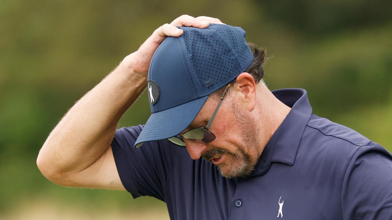 BEDMINSTER, NEW JERSEY - JULY 29: Team Captain Phil Mickelson of Hy Flyers GC reacts on the 14th green during day one of the LIV Golf Invitational - Bedminster at Trump National Golf Club Bedminster on July 29, 2022 in Bedminster, New Jersey. (Photo by Cliff Hawkins/Getty Images)