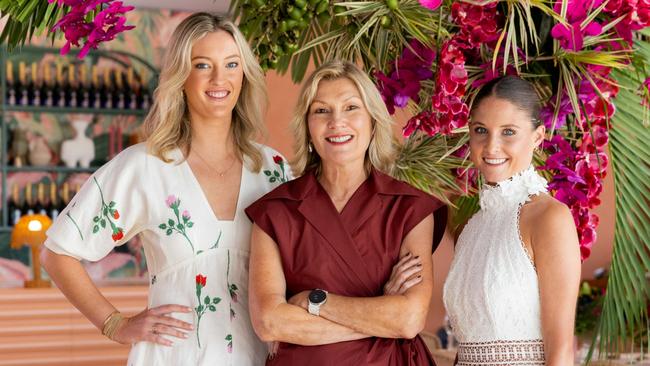 Willa Mitchell, Katie Page-Harvey and Amy Thompson in the VIP Marquee ahead of Magic Millions race day. Picture: Luke Marsden