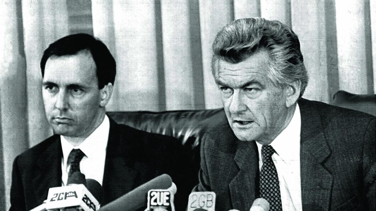 As prime minister-elect Bob Hawke (R) and Treasurer Paul Keating during 1983 press conference at Parliament House in Canberra, 03/1983. Pic : supplied