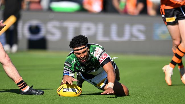 Townsville Blackhawks forward Jamal Shibasaki scores in the Queensland Rugby League Hastings-Deering Colts grand final victory over Brisbane Tigers. Picture: QRL / Zain Mohammed