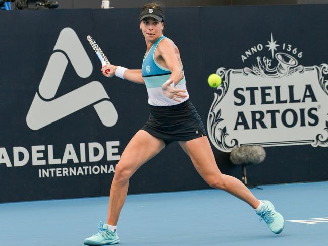 Ajla Tomljanovic of Australia hits a return against Yulia Putintseva of Kazakhstan during their women's singles first round match at the Adelaide International tennis tournament in Adelaide on January 13, 2020. (Photo by Brenton EDWARDS / AFP) / IMAGE RESTRICTED TO EDITORIAL USE - STRICTLY NO COMMERCIAL USE