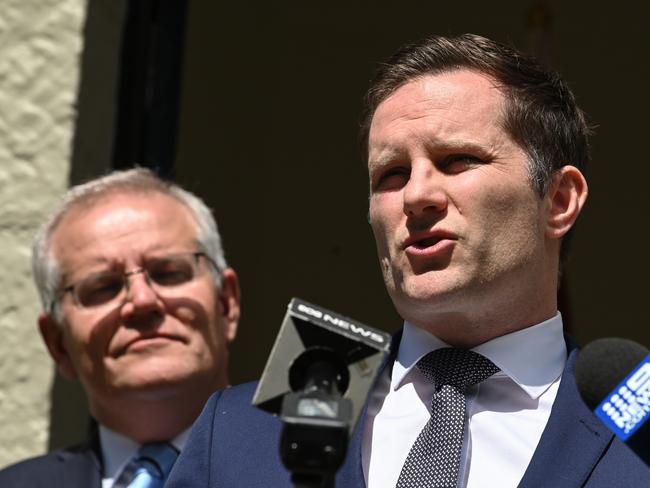 SYDNEY, AUSTRALIA - NewsWire Photos , MARCH 20, 2021: Minister for Immigration Alex Hawke speaks to the media during a press conference at  Kirribilli House.  Picture: NCA NewsWire / Flavio Brancaleone