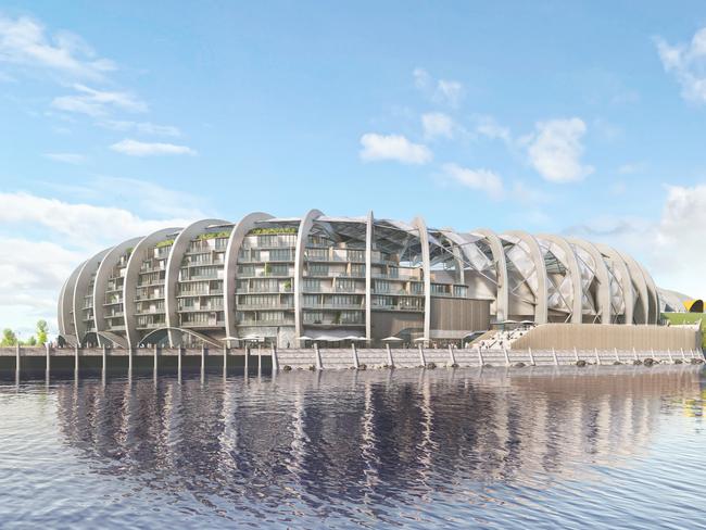 Concept drawings of a new design for a Macquarie Point Stadium by the Stadia Precinct Consortia led by Dean Coleman and Paul Lennon. Picture: SolutionsWon