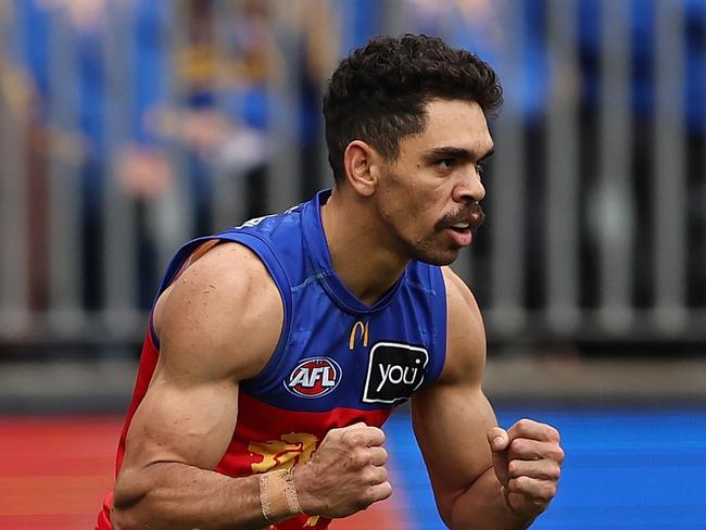 PERTH, AUSTRALIA - JULY 14: Charlie Cameron of the Lions celebrates a goal during the round 18 AFL match between West Coast Eagles and Brisbane Lions at Optus Stadium, on July 14, 2024, in Perth, Australia. (Photo by Paul Kane/Getty Images)