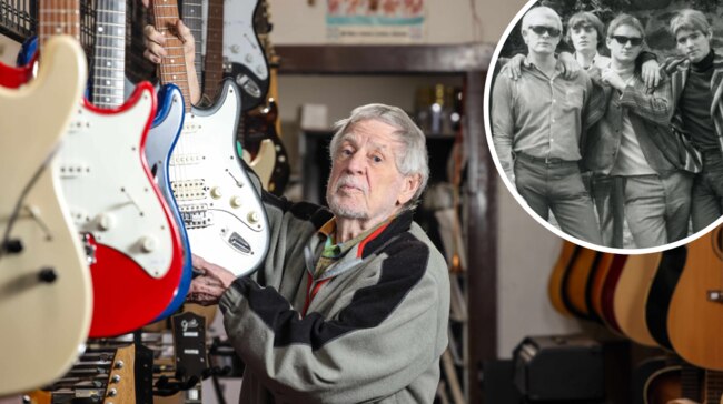 Maurice James at his music store and inset, The Masters Apprentices.