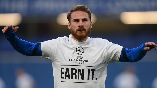 Alexis Mac Allister of Brighton & Hove Albion warms up wearing a T-shirt with a message in protest against the European Super League. Picture: Mike Hewitt/Getty Images