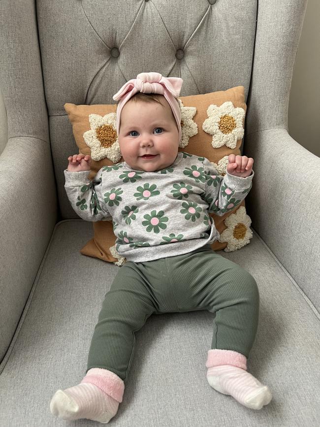 Florence. Five months old. Florence loves to give a good frown when shes unsure and loves a big smile when she sees her parents and sister Stevie.