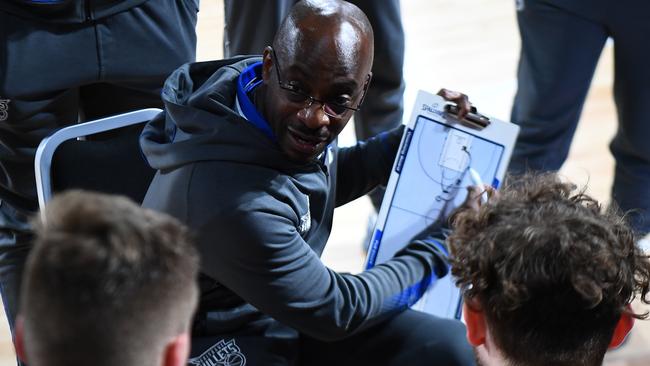 Brisbane Bullets head coach James Duncan talks to his players during the NBL Blitz. Picture: Steve Bell/Getty Images