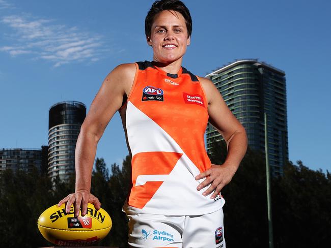 Giants AFLW player Courtney Gum, 36, who has come to Sydney from Adelaide, leaving her husband and son at home to follow her playing dream at GWS headquarters, Homebush. Picture: Brett Costello